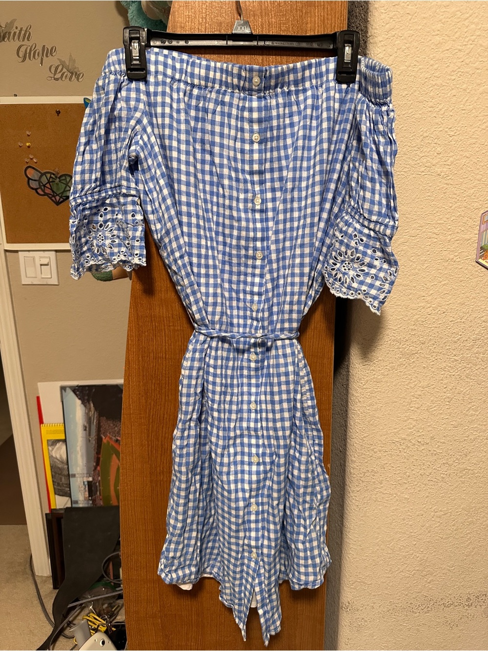 NWOT Old Navy Blue & White Gingham Off-Shoulder Midi Dress Womens Medium